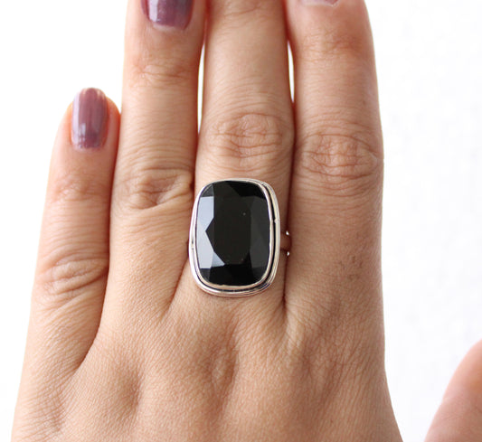 Black Onyx Ring, Black Gemstone Ring, 925 Sterling Silver, Large Silver Ring, Black Onyx Ring, Black Onyx Rectangle Gemstone Silver Ring