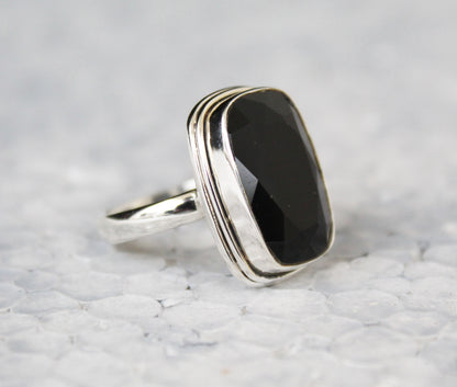 Black Onyx Ring, Black Gemstone Ring, 925 Sterling Silver, Large Silver Ring, Black Onyx Ring, Black Onyx Rectangle Gemstone Silver Ring