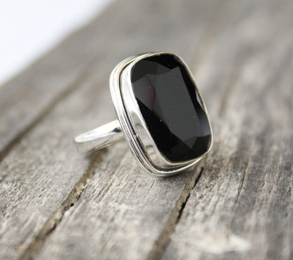 Black Onyx Ring, Black Gemstone Ring, 925 Sterling Silver, Large Silver Ring, Black Onyx Ring, Black Onyx Rectangle Gemstone Silver Ring