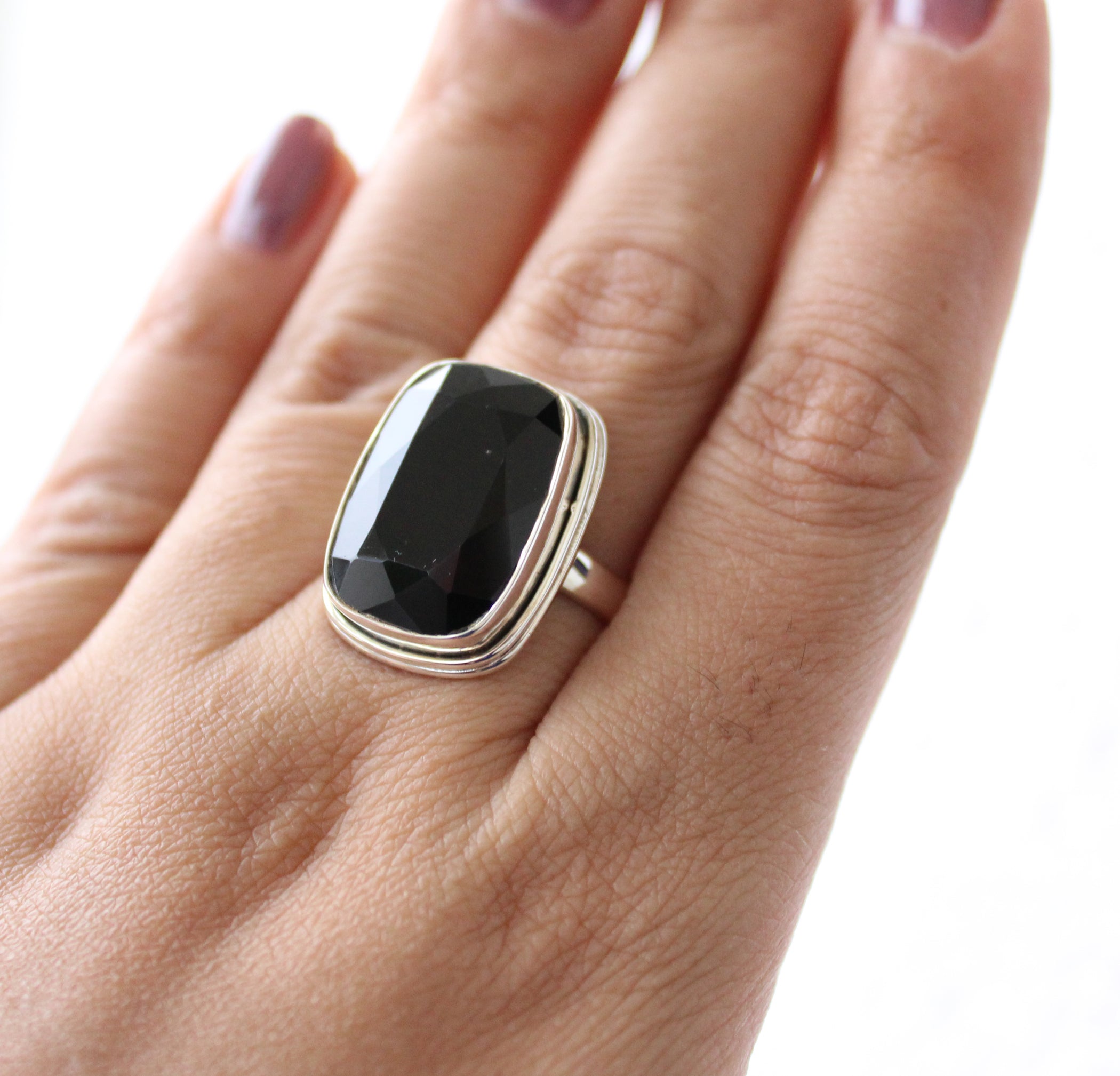 Black Onyx Ring, Black Gemstone Ring, 925 Sterling Silver, Large Silver Ring, Black Onyx Ring, Black Onyx Rectangle Gemstone Silver Ring