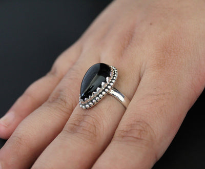 Black Onyx Pear Ring, One of a kind genuine Black Onyx Ring, Sterling Silver Ring, Delicate Stone Ring, Everyday Ring, Customize Rings