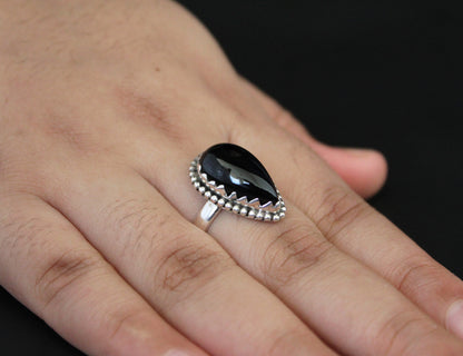 Black Onyx Pear Ring, One of a kind genuine Black Onyx Ring, Sterling Silver Ring, Delicate Stone Ring, Everyday Ring, Customize Rings