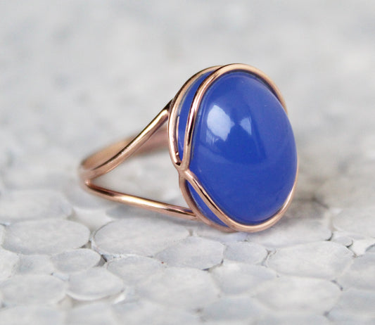 Blue Chalcedony Ring, Blue Oval ring, 14k Rose Gold Ring, Cocktail Ring, Blue Stone Ring, Minimalist Jewelry, Boho Designer Ring ,Statement