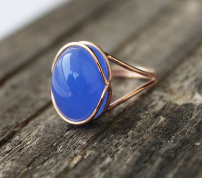 Blue Chalcedony Ring, Blue Oval ring, 14k Rose Gold Ring, Cocktail Ring, Blue Stone Ring, Minimalist Jewelry, Boho Designer Ring ,Statement