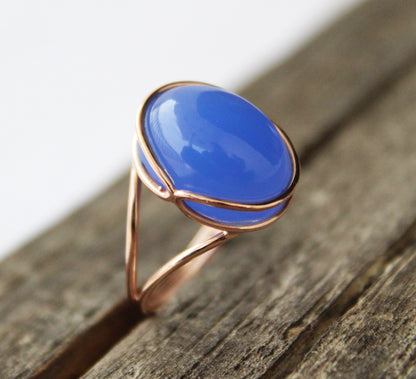 Blue Chalcedony Ring, Blue Oval ring, 14k Rose Gold Ring, Cocktail Ring, Blue Stone Ring, Minimalist Jewelry, Boho Designer Ring ,Statement