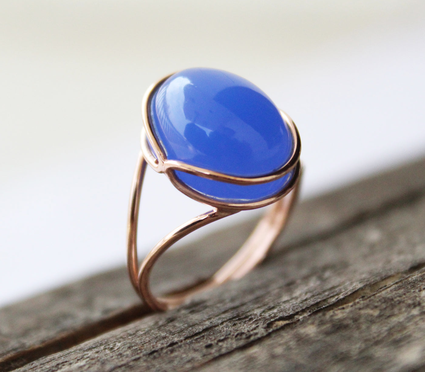 Blue Chalcedony Ring, Blue Oval ring, 14k Rose Gold Ring, Cocktail Ring, Blue Stone Ring, Minimalist Jewelry, Boho Designer Ring ,Statement
