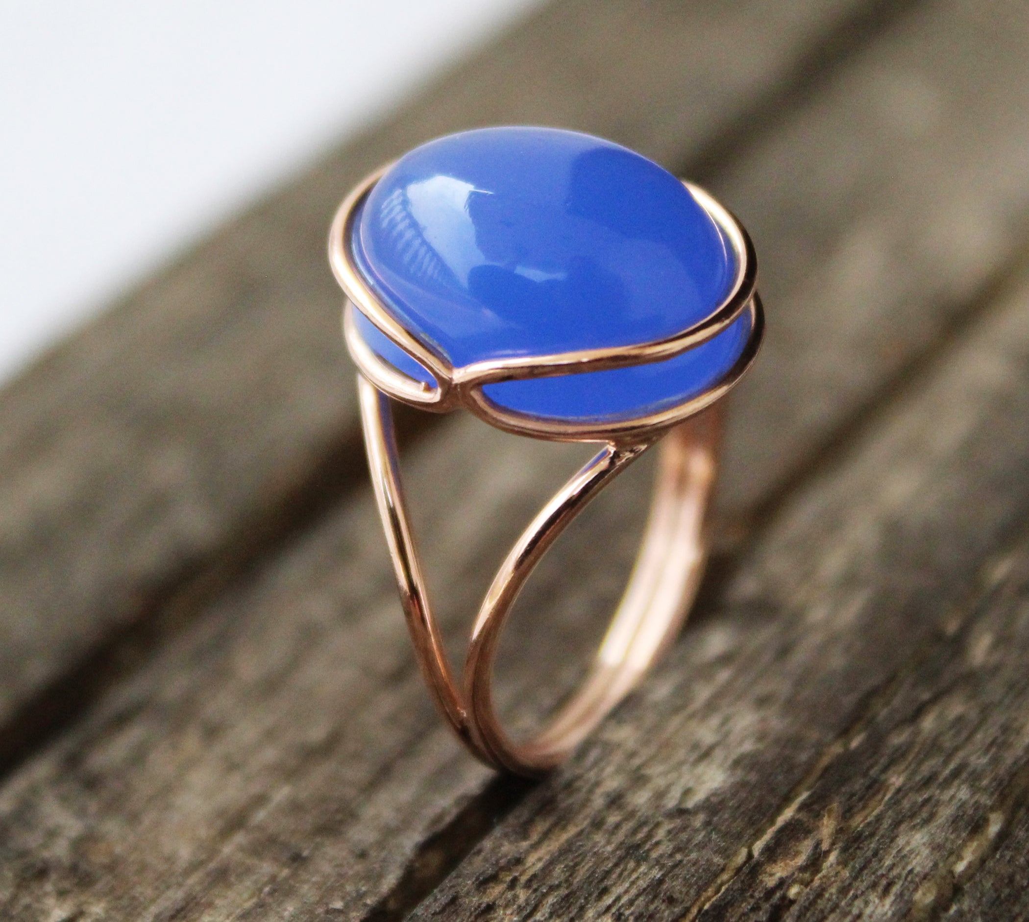 Blue Chalcedony Ring, Blue Oval ring, 14k Rose Gold Ring, Cocktail Ring, Blue Stone Ring, Minimalist Jewelry, Boho Designer Ring ,Statement