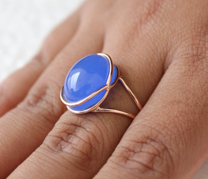 Blue Chalcedony Ring, Blue Oval ring, 14k Rose Gold Ring, Cocktail Ring, Blue Stone Ring, Minimalist Jewelry, Boho Designer Ring ,Statement