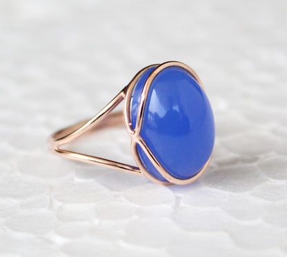 Blue Chalcedony Ring, Blue Oval ring, 14k Rose Gold Ring, Cocktail Ring, Blue Stone Ring, Minimalist Jewelry, Boho Designer Ring ,Statement