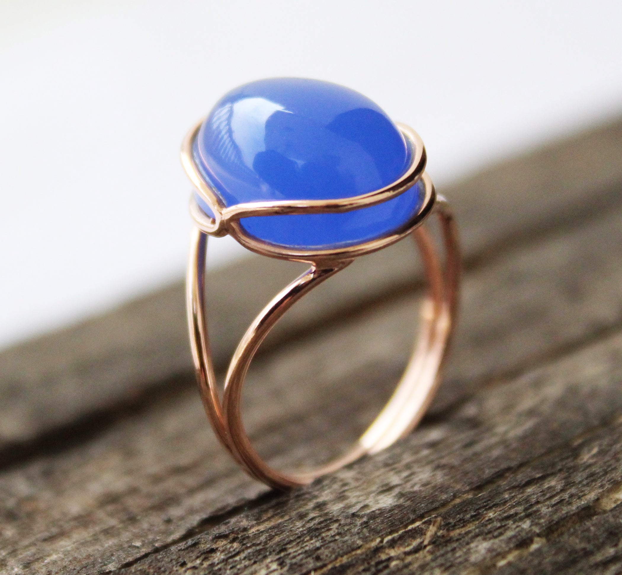 Blue Chalcedony Ring, Blue Oval ring, 14k Rose Gold Ring, Cocktail Ring, Blue Stone Ring, Minimalist Jewelry, Boho Designer Ring ,Statement