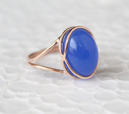 Blue Chalcedony Ring, Blue Oval ring, 14k Rose Gold Ring, Cocktail Ring, Blue Stone Ring, Minimalist Jewelry, Boho Designer Ring ,Statement