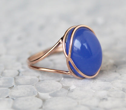 Blue Chalcedony Ring, Blue Oval ring, 14k Rose Gold Ring, Cocktail Ring, Blue Stone Ring, Minimalist Jewelry, Boho Designer Ring ,Statement