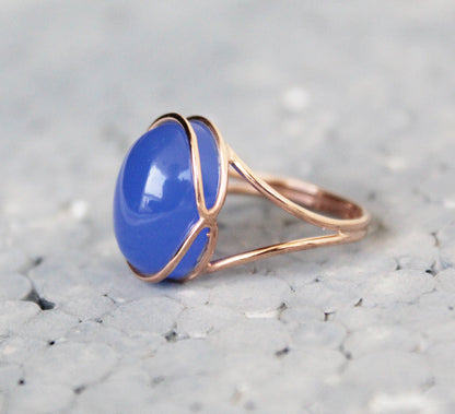 Blue Chalcedony Ring, Blue Oval ring, 14k Rose Gold Ring, Cocktail Ring, Blue Stone Ring, Minimalist Jewelry, Boho Designer Ring ,Statement