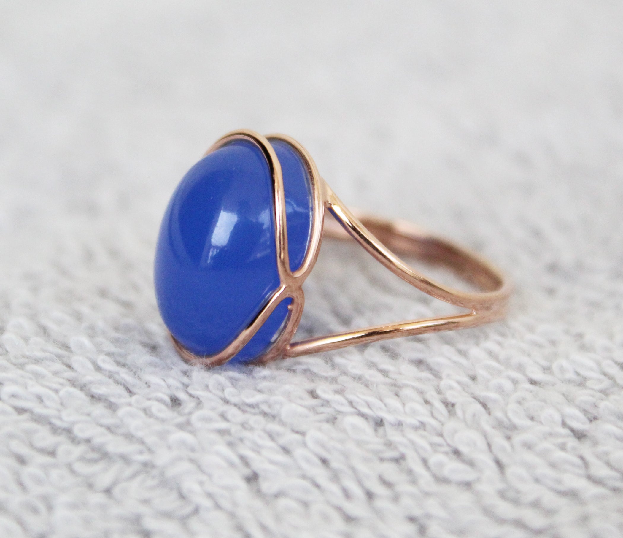 Blue Chalcedony Ring, Blue Oval ring, 14k Rose Gold Ring, Cocktail Ring, Blue Stone Ring, Minimalist Jewelry, Boho Designer Ring ,Statement