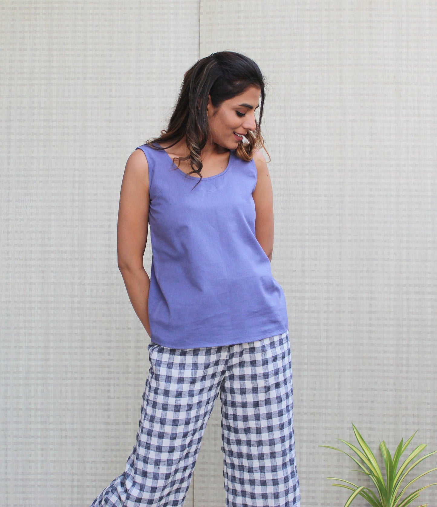 Casual Soft Cotton Loose Blouse with Checks Pants