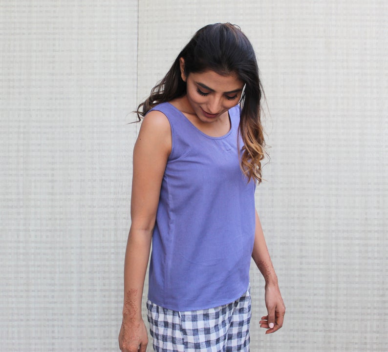 Casual Soft Cotton Loose Blouse with Checks Pants