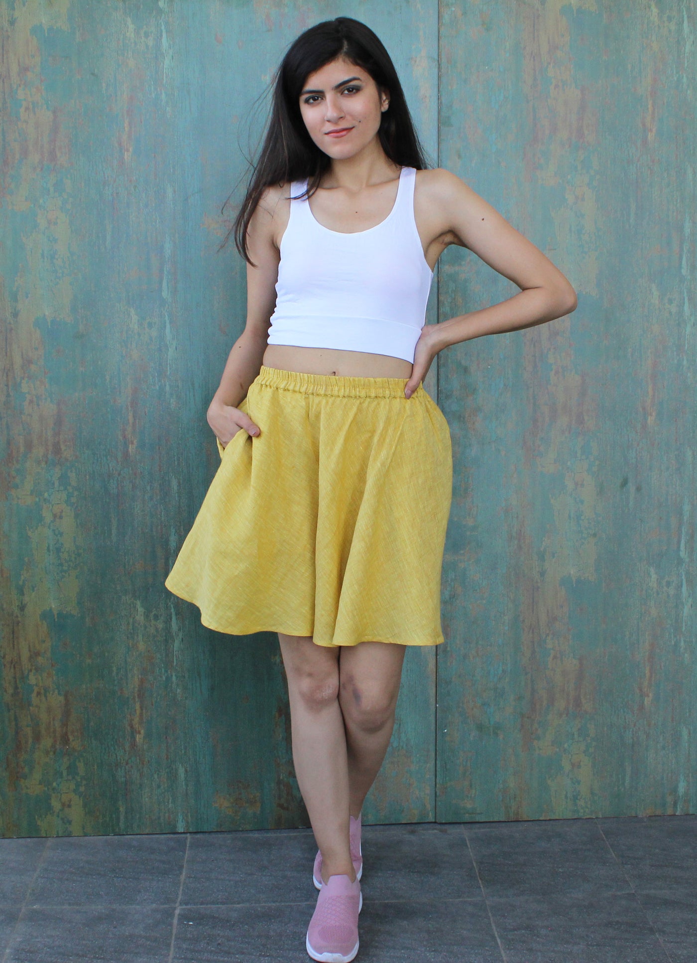 Circle Linen Yellow skirt with side pockets