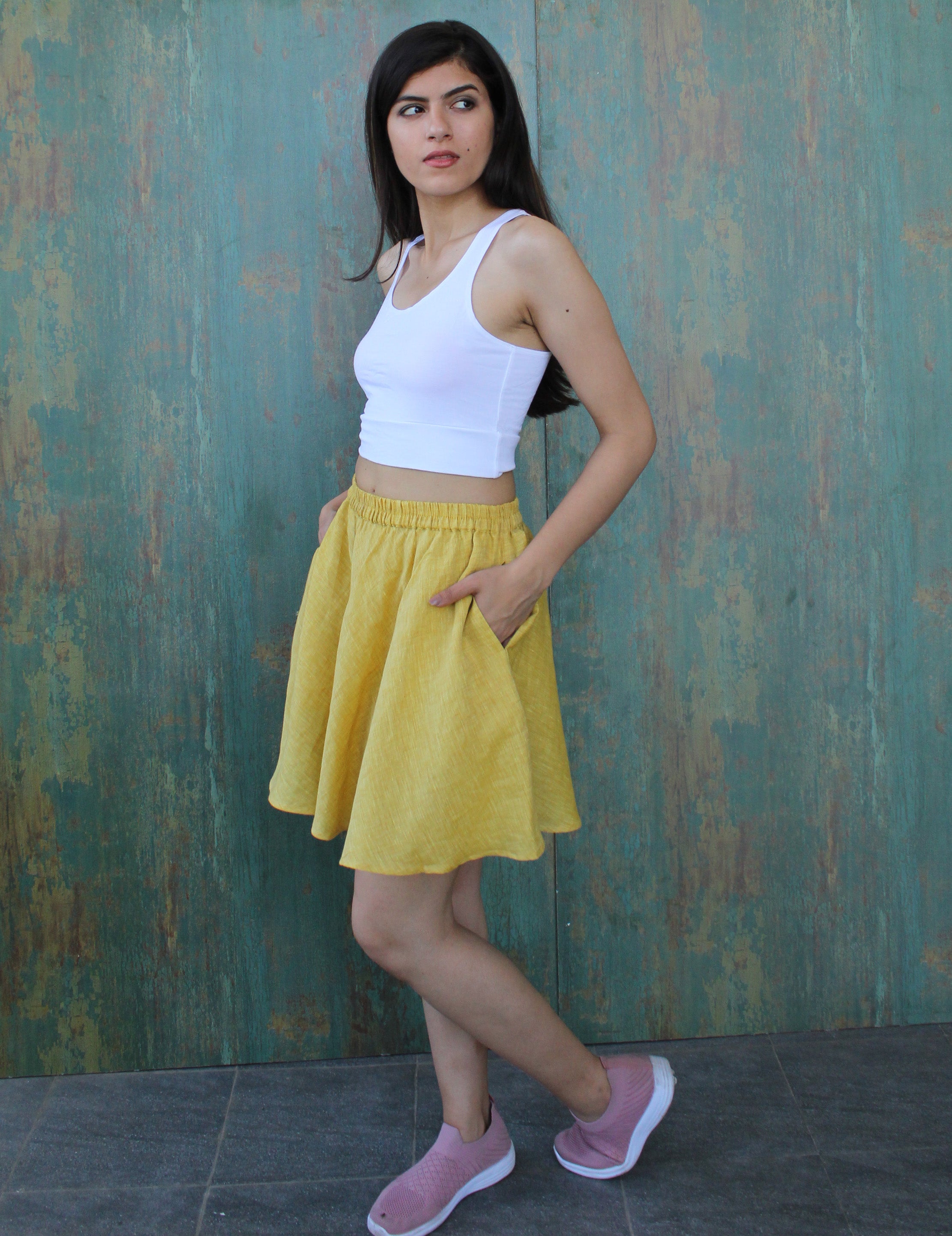 Circle Linen Yellow skirt with side pockets