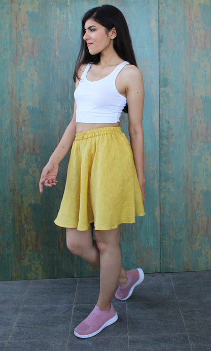 Circle Linen Yellow skirt with side pockets