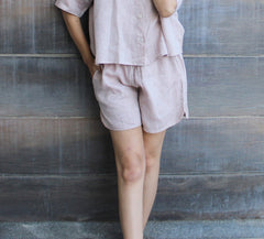 Sleepwear set Midi length boxy shirt with Jogger shorts, Linen sleep wear, Crop Shirt, Lounge wear, Sustainable Clothing, Elastic waist shorts