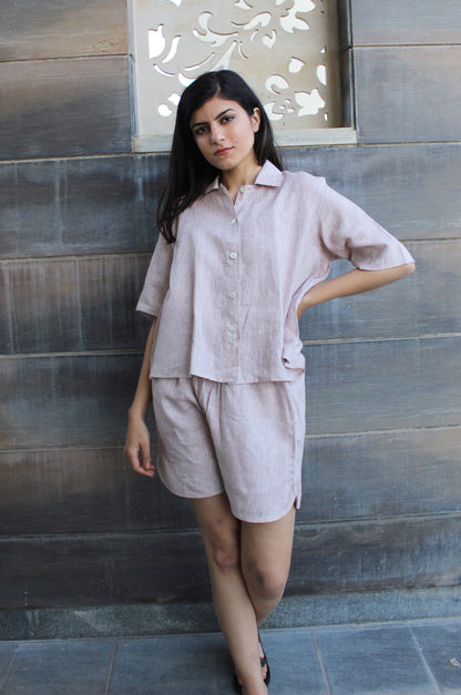 Sleepwear set Mid length boxy shirt with Jogger shorts, Linen sleep wear, Crop Shirt, Lounge wear, Sustainable Clothing, Elastic waist shorts