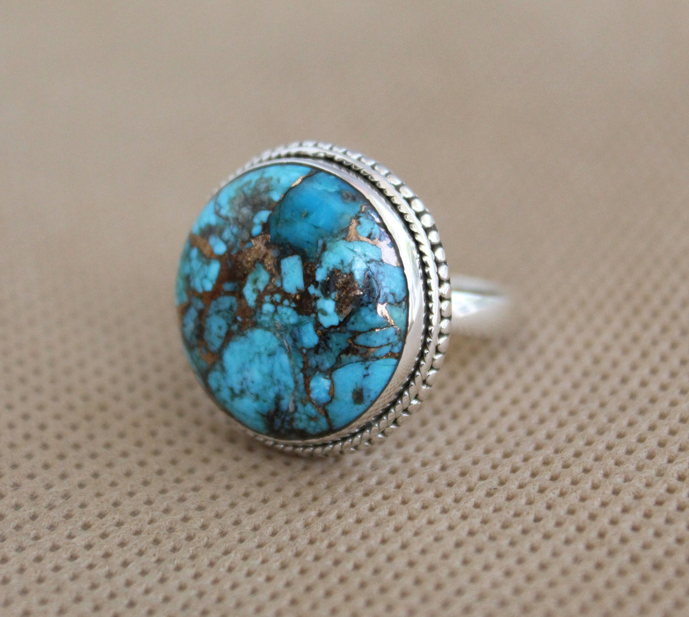Copper Turquoise Round Ring, Jewelry Handmade, December Birthstone , Bohemian Jewelry, Statement Ring, Large Silver Rings