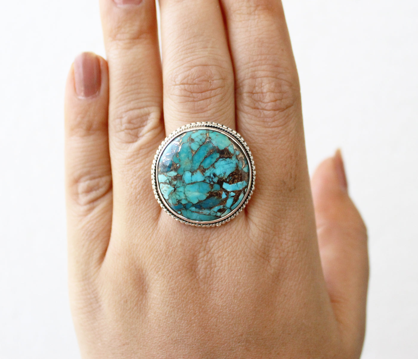 Copper Turquoise Round Ring, Jewelry Handmade, December Birthstone , Bohemian Jewelry, Statement Ring, Large Silver Rings