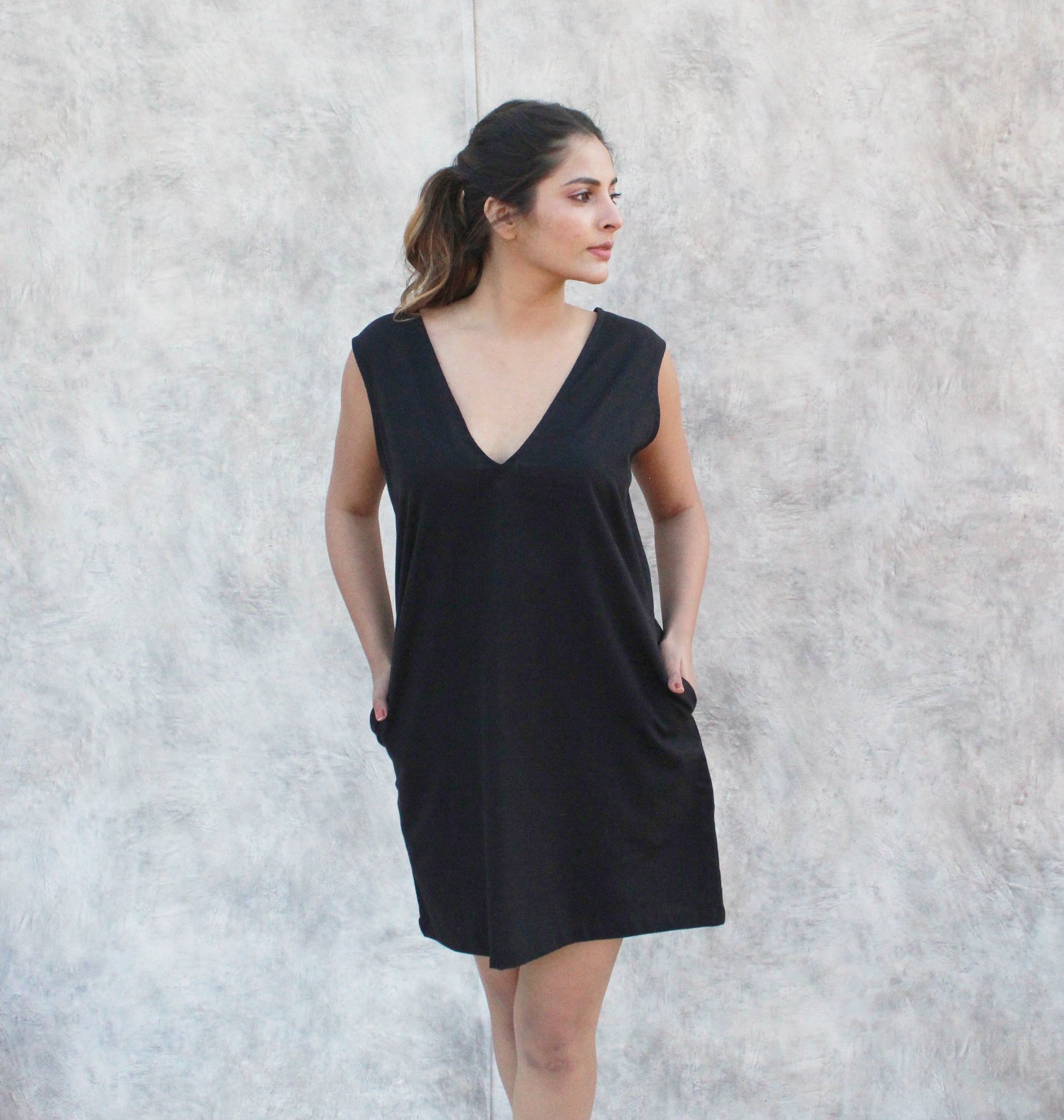 Sleeveless Deep V Neck Midi Tunic Dress