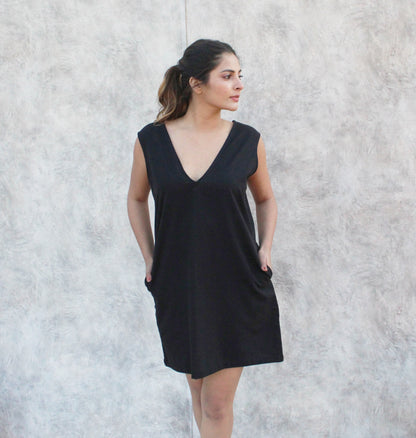 Sleeveless Deep V Neck Midi Tunic Dress