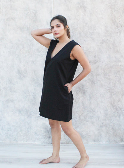 Sleeveless Deep V Neck Midi Tunic Dress