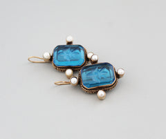 Blue Dangle Hoop Intaglio Earrings