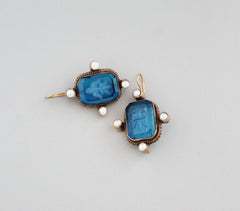 Blue Dangle Hoop Intaglio Earrings
