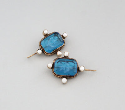 Blue Dangle Hoop Intaglio Earrings