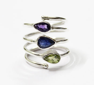 Natural Iolite Ring, Peridot and amethyst Silver Ring, Spiral Ring, Gemstones Rings, Adjustable Ring, Statement , Gift for her