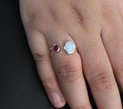 Opal Ring and Rhodolite, Birthstone ring, Rhodolite Garnet ring, Designer Ring, Ethiopian Opal Ring, Wedding Band, Delicate Ring, Bridesmaid