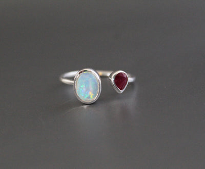 Opal Ring and Rhodolite, Birthstone ring, Rhodolite Garnet ring, Designer Ring, Ethiopian Opal Ring, Wedding Band, Delicate Ring, Bridesmaid
