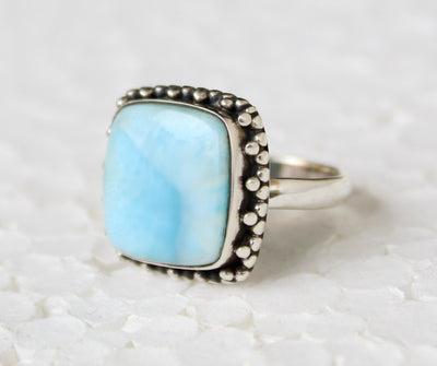 Larimar ring, Sky blue gemstone, AAA+ Larimar Gemstone, Blue gemstone ring, anniversary gift, Larimar Silver Ring, Square Larimar Ring