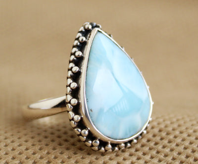 Genuine Larimar Ring, March Birthstone, 925 Sterling Silver, Handmade Unique Ring, Blue Stone Ring, Pear Shape Ring