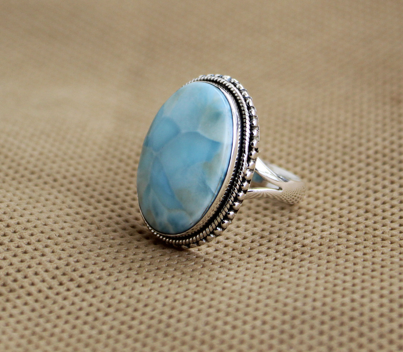 Large Larimar ring, silver larimar ring, sky blue gemstone, larimar boho ring, anniversary gift, Promise ring, Statement Ring