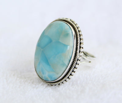 Large Larimar ring, silver larimar ring, sky blue gemstone, larimar boho ring, anniversary gift, Promise ring, Statement Ring