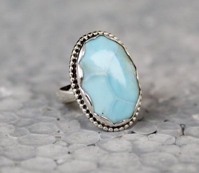 Beautiful Larimar Ring, Sterling Silver Ring, Gift for Wife, March birthstone, Sky Blue Gemstone, Blue Stone, Statement Ring, Large, Boho