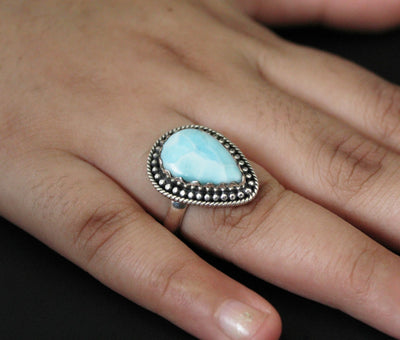 Natural Larimar Ring, Blue Gem Ring, Sterling Silver Rings For Women, AAA+Top Quality, Vintage, Bridal, Engagement Gift, Gift for Her