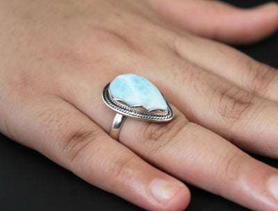 Pear Larimar ring, silver larimar ring,sky blue gemstone,anniversary gift,Promise ring, Statement Ring,larimar boho ring, blue gemstone ring