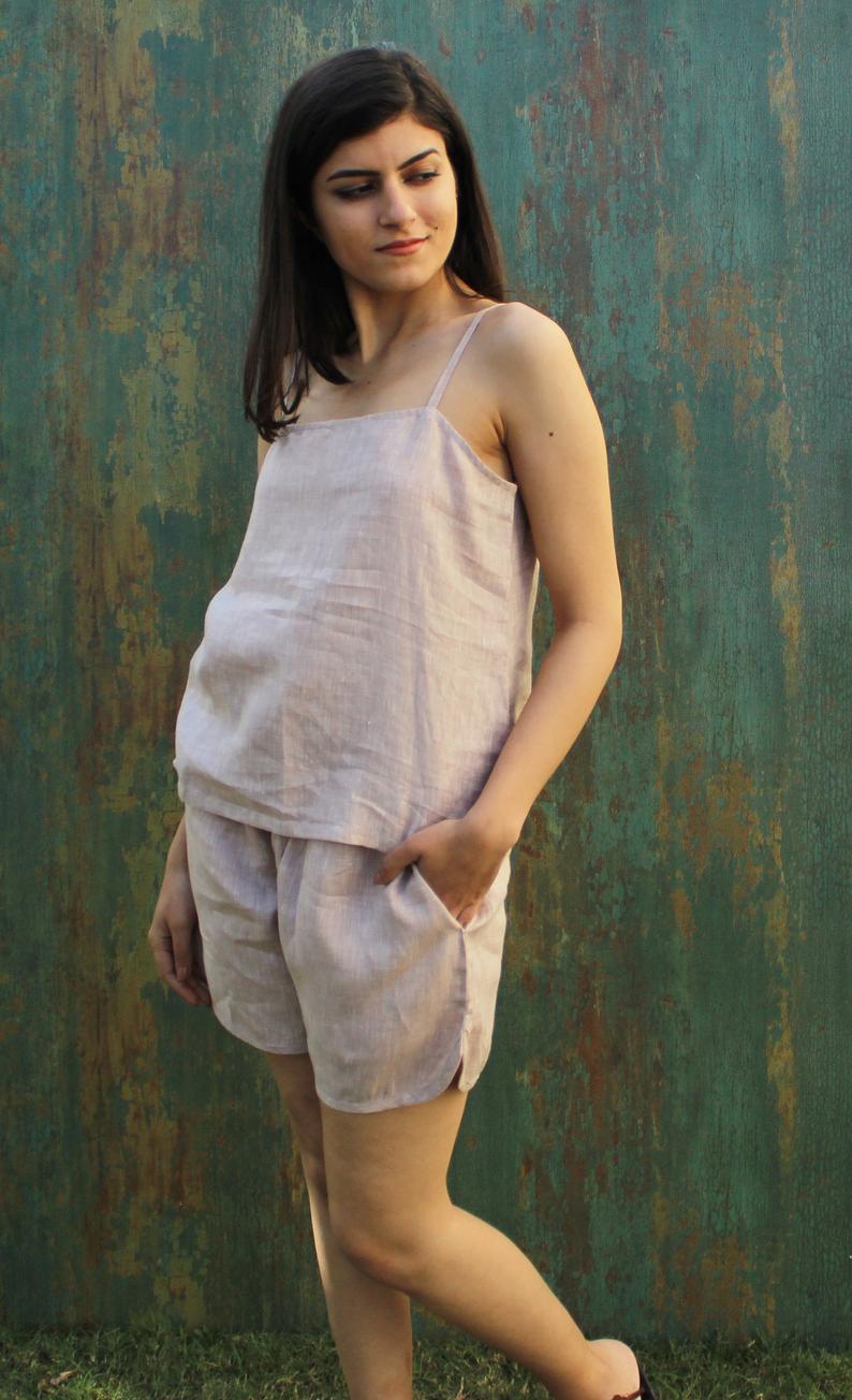 Adjustable Sleepwear Cami & Shorts set in pure Linen