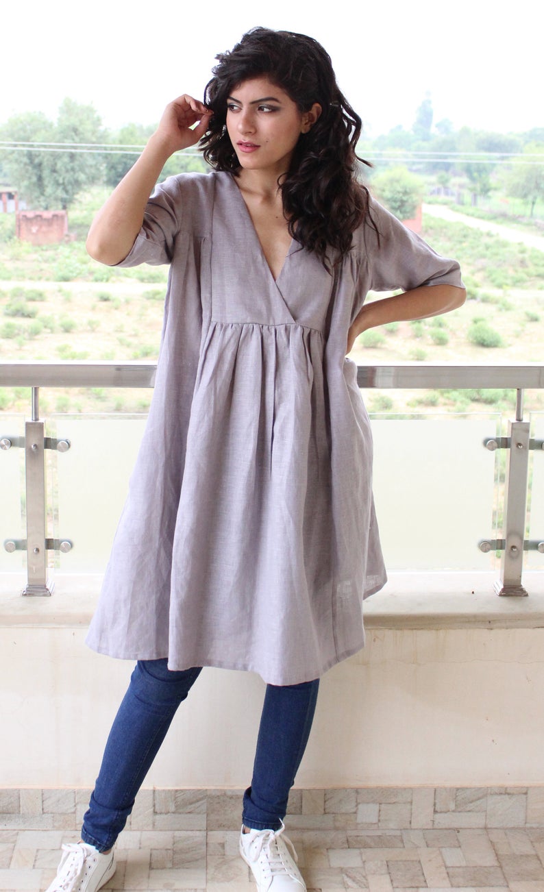 Linen Short Sleeve Shirt Dress Nightgown Dress