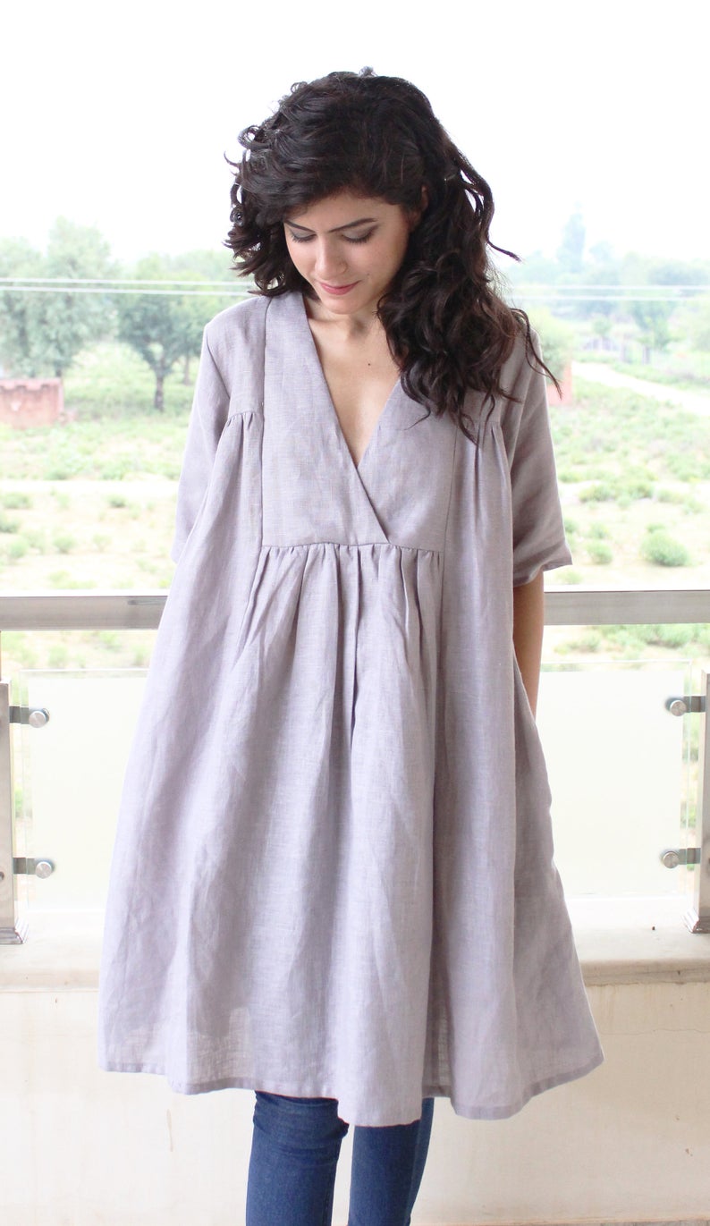 Linen Short Sleeve Shirt Dress Nightgown Dress