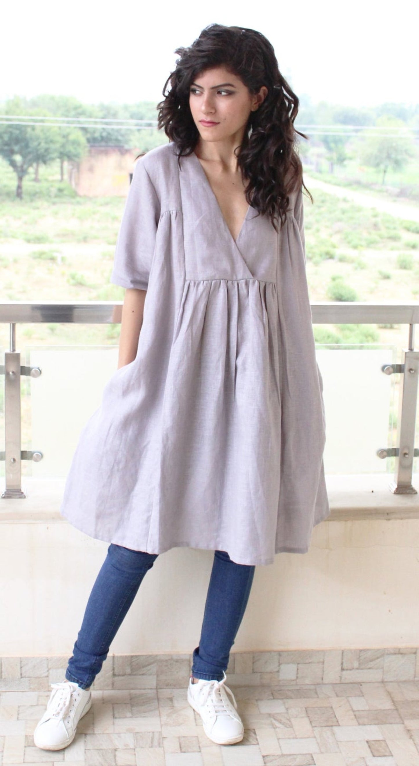 Linen Short Sleeve Shirt Dress Nightgown Dress