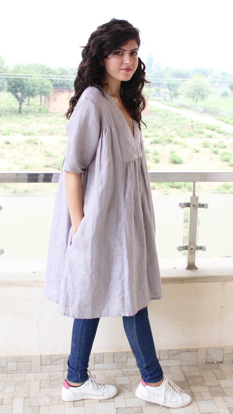 Linen Short Sleeve Shirt Dress Nightgown Dress