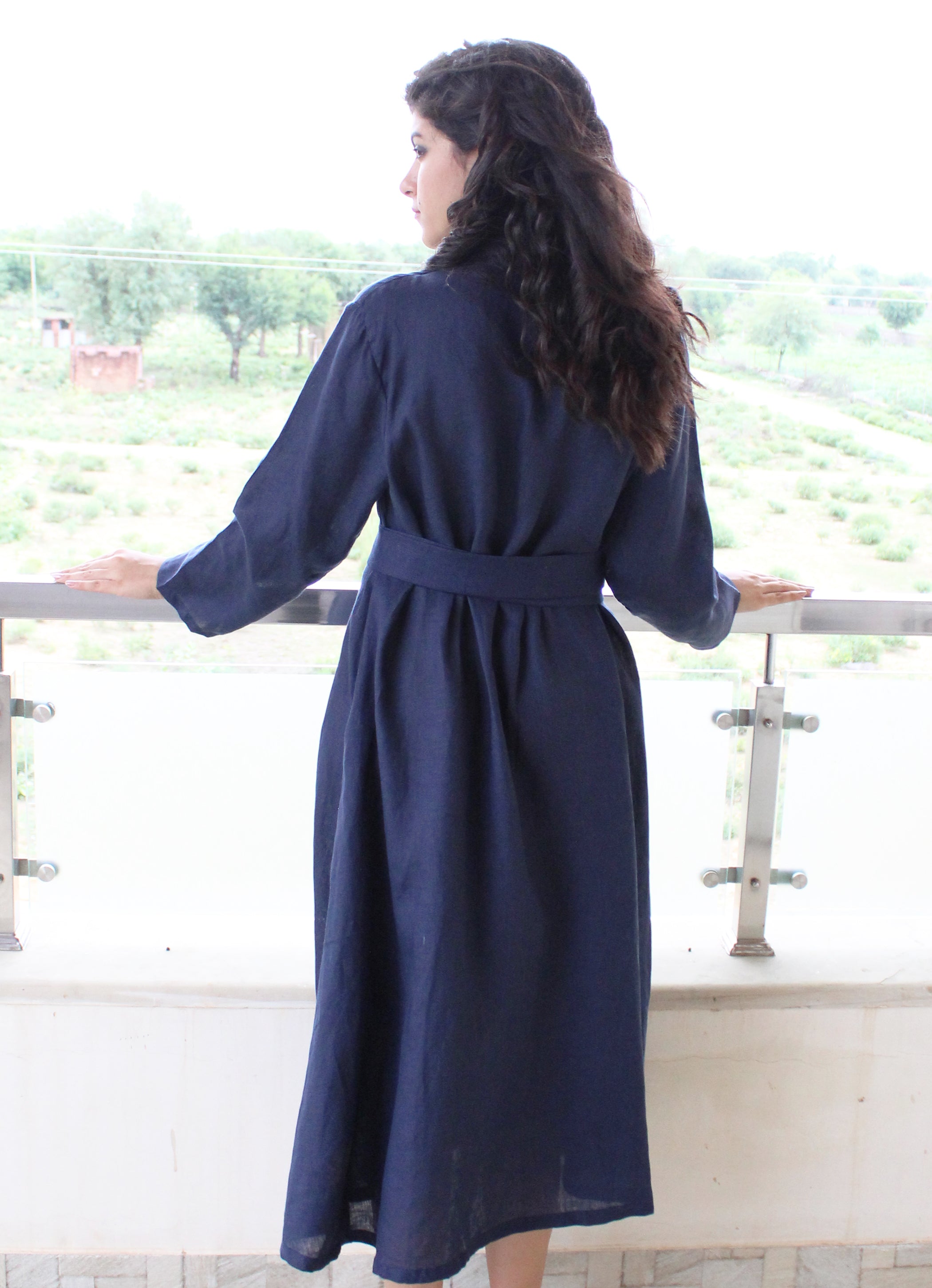 Blue Linen Wrap Dress With Belt, Maxi Dress