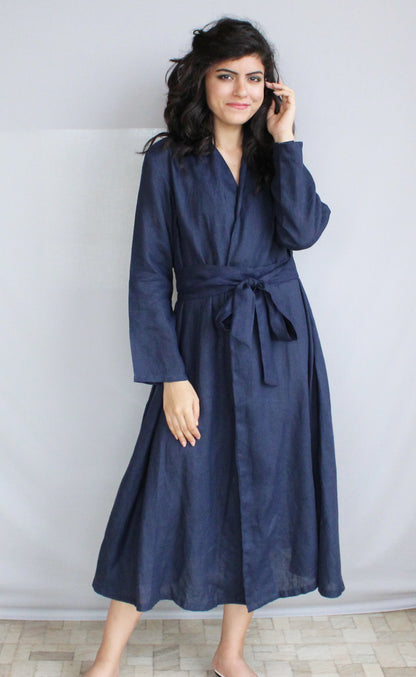 Blue Linen Wrap Dress With Belt, Maxi Dress